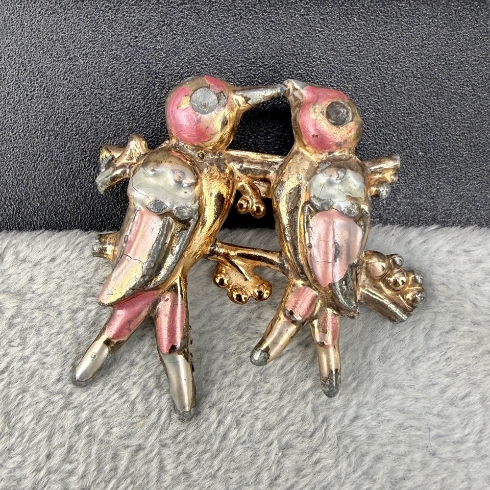 Vintage Estate Brooch Pink Love Birds Gold Tone Enamel Bird Pin